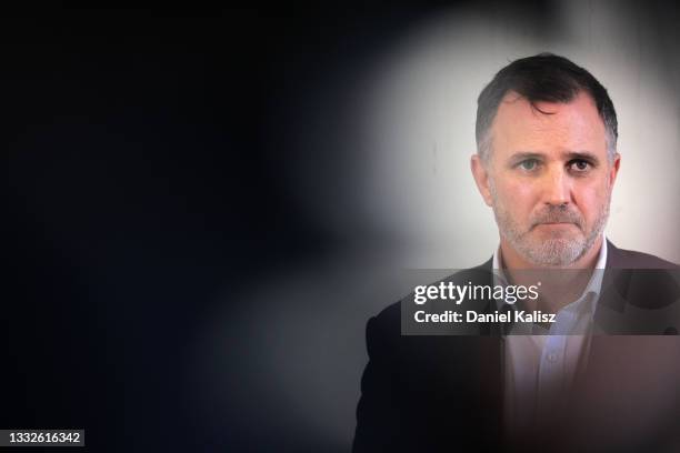 Tim Silvers, Chief Executive Officer of the Adelaide Crows speaks to the media following an Adelaide Crows AFL training session at Adelaide Oval on...