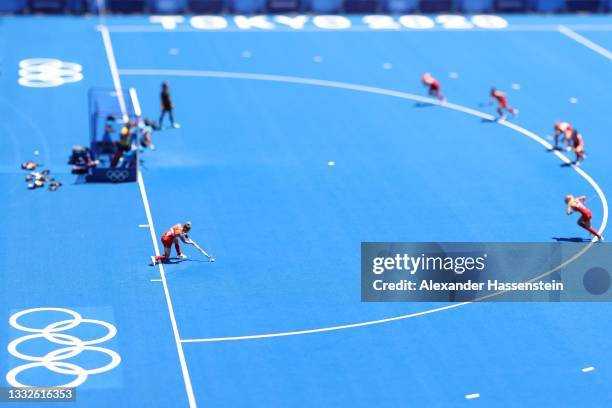 Susannah Townsend of of Team Great Britain strokes a corner during the Women's Bronze medal match between Great Britain and India on day fourteen of...
