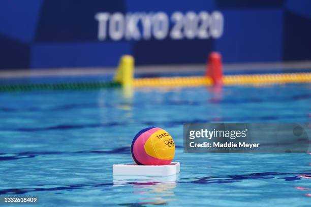 Ball floats on the surface of the pool during the Men's Classification 5th-8th match between Montenegro and Croatia on day fourteen of the Tokyo 2020...