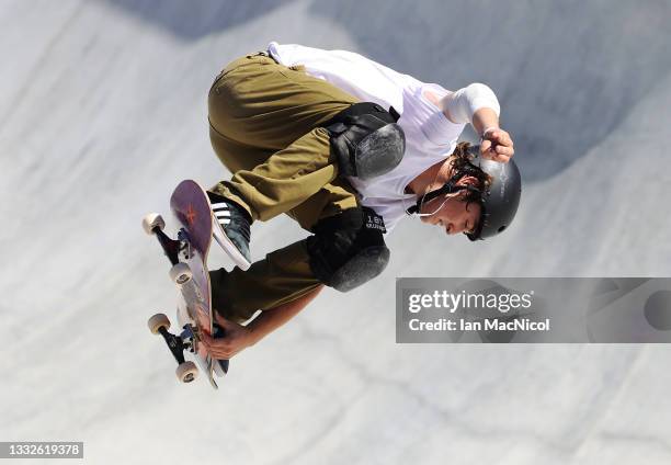 Alessandro Mazzara of Italy competes during the Men's Skateboarding Park Preliminary Heat 1 on day thirteen of the Tokyo 2020 Olympic Games at Ariake...