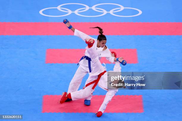 Leïla Heurtault of Team France competes against Merve Coban of Team Turkey during the Women’s Karate Kumite -61kg Elimination Round contest on day...