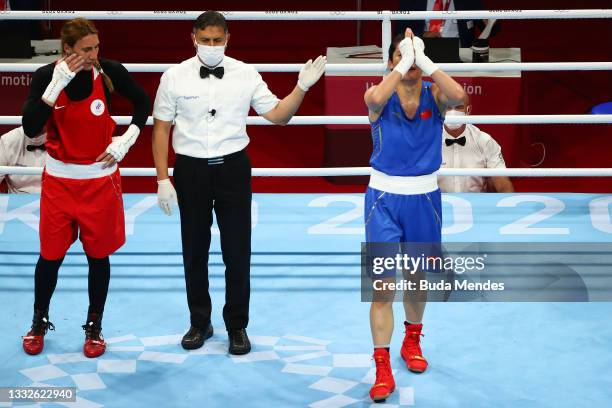 Qian Li of Team China celebrates after defeating Zenfira Magomedalieva of Team ROC during the Women's Middle Semifinal 2 on day fourteen of the Tokyo...