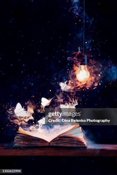 open book with glowing moths and a star in a lightbulb, knowledge and magic concept - glowing book stock pictures, royalty-free photos & images