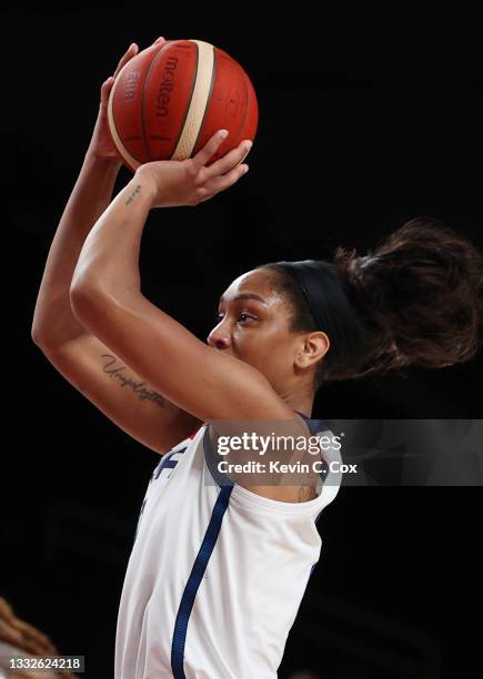 Ja Wilson of Team United States shoots against Team Serbia during the second half of a Women's Basketball Semifinals game on day fourteen of the...