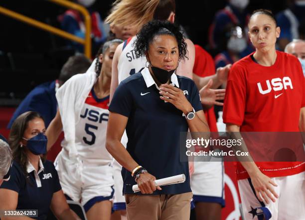 Team United States Head Coach Dawn Staley looks on from the bench during the second half of a Women's Basketball Semifinals game between Team United...