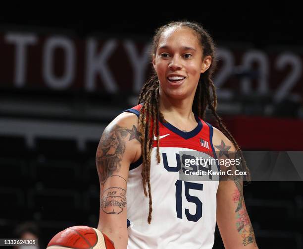 Brittney Griner of Team United States looks on against Serbia during the second half of a Women's Basketball Semifinals game on day fourteen of the...