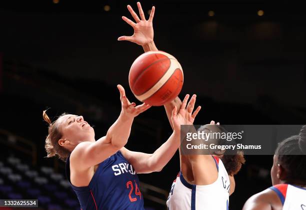 Maja Skoric of Team Serbia drives to the basket against Napheesa Collier of Team United States during the second half of a Women's Basketball...