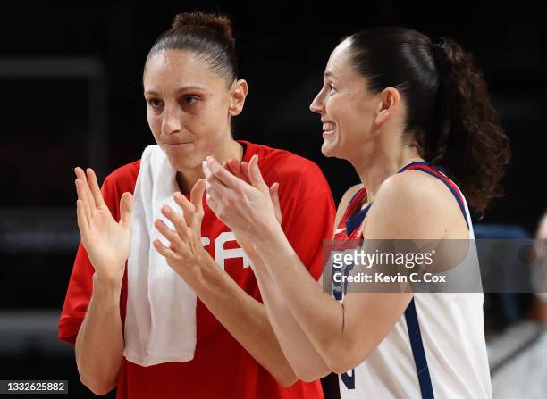 Diana Taurasi and Sue Bird of Team United States celebrate their win over Serbia in a Women's Basketball Semifinals game on day fourteen of the Tokyo...