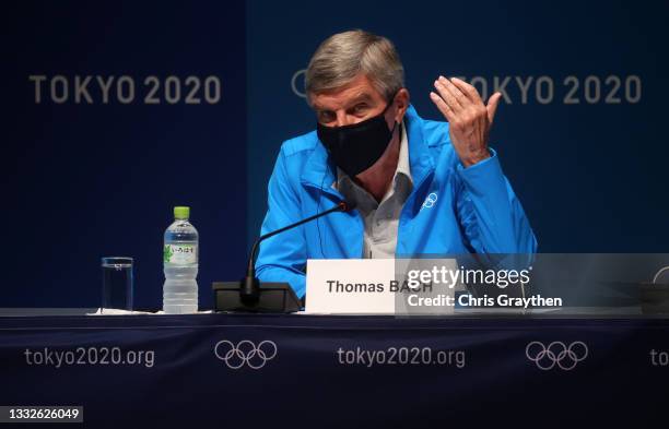 President Thomas Bach speaks during a press conference on day 14 of the Tokyo Olympic Games at Tokyo Big Sight on August 06, 2021 in Tokyo, Japan.