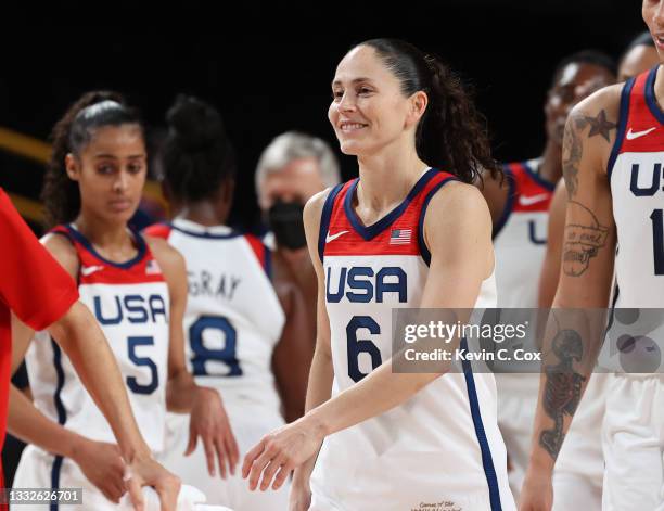Sue Bird of Team United States celebrates the United States' win over Serbia in a Women's Basketball Semifinals game on day fourteen of the Tokyo...