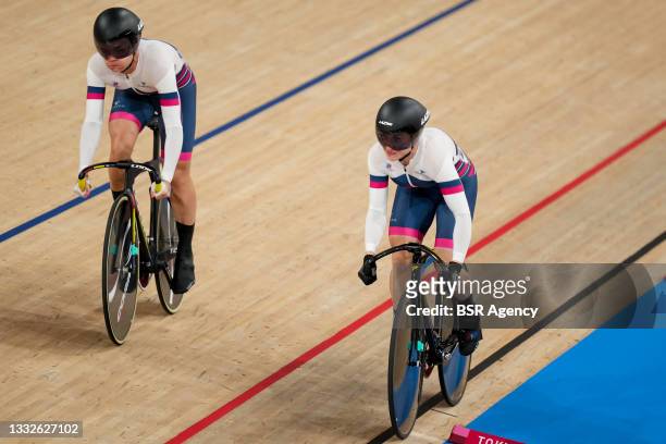 Daria Shmeleva of Russia and Anastasiia Voinova of Russia competing on Cycling Track during the Tokyo 2020 Olympic Games at the Izu Velodrome on...