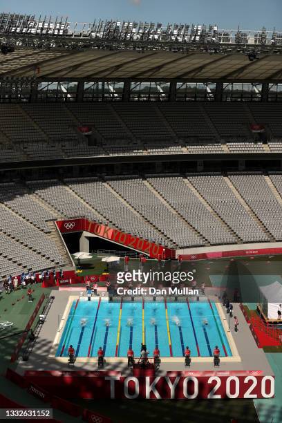 General view as athletes compete in the 200 metre freestyle swimming during the Women's Modern Pentathlon on day fourteen of the Tokyo 2020 Olympic...