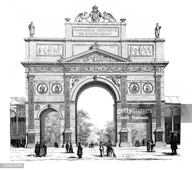 triumphal arch, erected by the vienna brick factory, at the vienna world exhibition of 1873 - big world stock illustrations