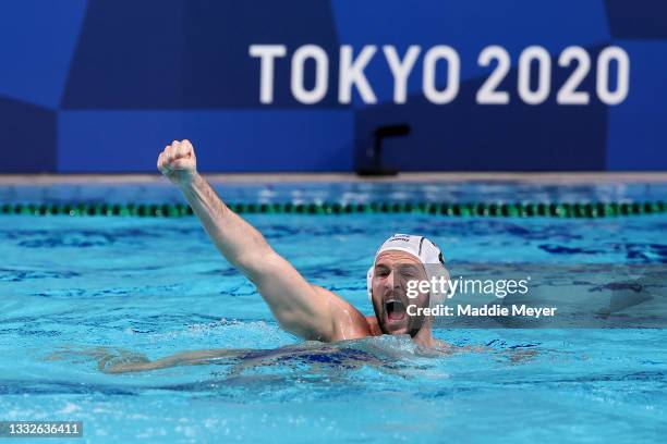 Konstantinos Genidounias of Team Greece celebrates during the Men's Semifinal match between Greece and Hungary on day fourteen of the Tokyo 2020...