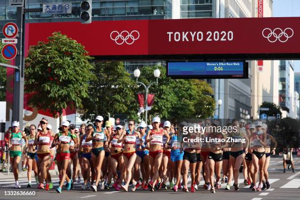 Athletes compete at the start of the Women's 20km Race Walk on day fourteen of the Tokyo 2020 Olympic Games at Sapporo Odori Park on August 06, 2021...