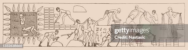 hebrews, under the prospect of egyptian guards, making bricks - civilization stock illustrations