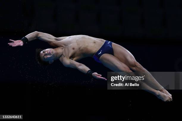 Reo Nishida of Team Japan competes in the Men's 10m Platform preliminaries on day fourteen of the Tokyo 2020 Olympic Games at Tokyo Aquatics Centre...