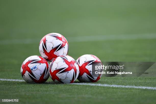 Pile of Tokyo 2020 Olympic match balls are seen prior to the Men's Bronze Medal Match between Mexico and Japan on day fourteen of the Tokyo 2020...