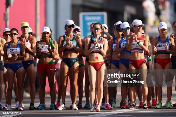 Yang Jiayu of Team China looks on prior to the start of the Women's 20km Race Walk on day fourteen of the Tokyo 2020 Olympic Games at Sapporo Odori...