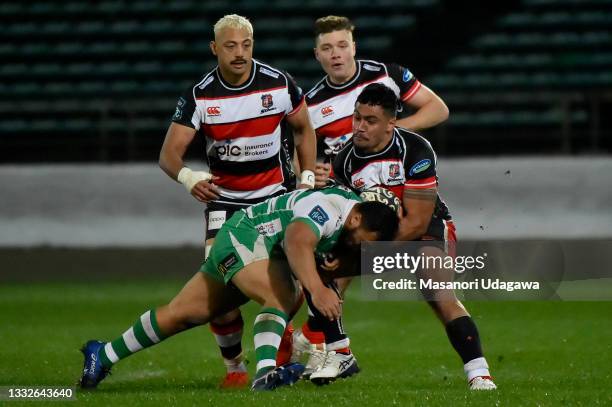 Tanielu Teleʻa of Counties Manuka on debut is tackled during the round one Bunnings NPC match between Manawatu and Counties Manukau at Central Energy...