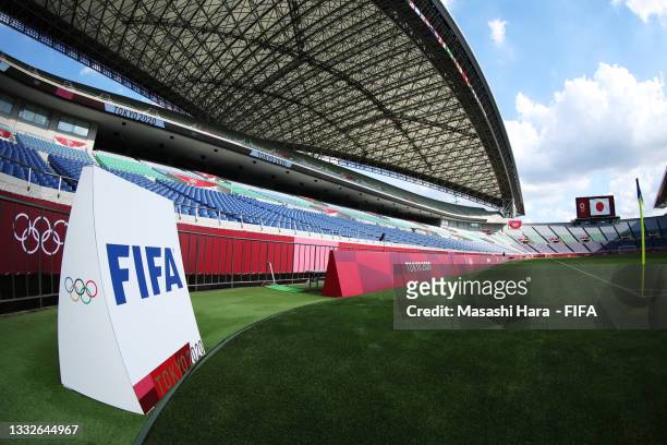 General view of a FIFA board inside the stadium prior to the Men's Bronze Medal Match between Mexico and Japan on day fourteen of the Tokyo 2020...