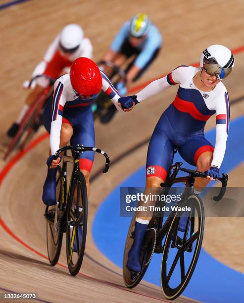 Gulnaz Khatuntseva and Mariia Novolodskaia of Team ROC compete during the Women's Madison final of the track cycling on day fourteen of the Tokyo...