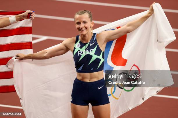 Silver Medalist Anzhelika Sidorova of Russia celebrates following the Women's Pole Vault Final on day thirteen of the athletics events of the Tokyo...