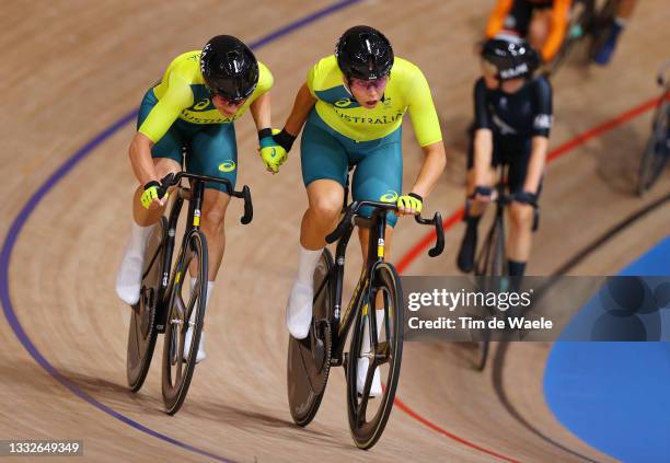 Annette Edmondson and Georgia Baker of Team Australia compete during the Women's Madison final of the track cycling on day fourteen of the Tokyo 2020...