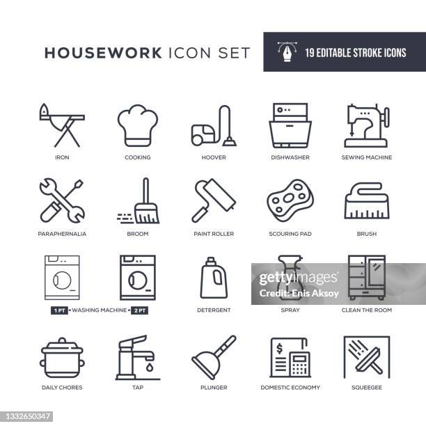 housework editable stroke line icons - squeegee stock illustrations
