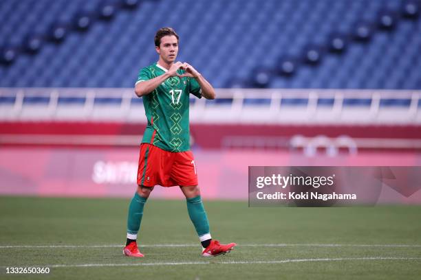 Sebastian Cordova of Team Mexico celebrates after scoring their side's first goal during the Men's Bronze Medal Match between Mexico and Japan on day...