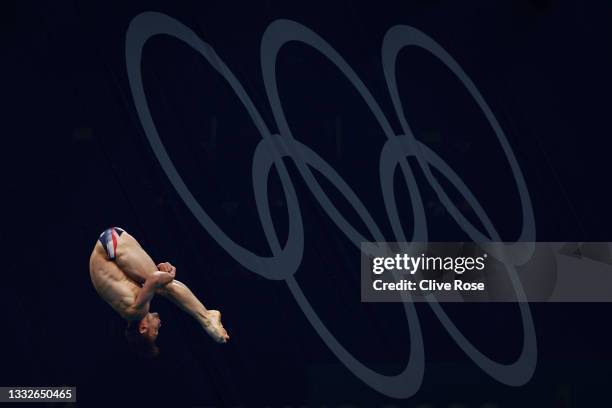 Tom Daley of Team Great Britain competes in the Men's 10m Platform preliminaries on day fourteen of the Tokyo 2020 Olympic Games at Tokyo Aquatics...