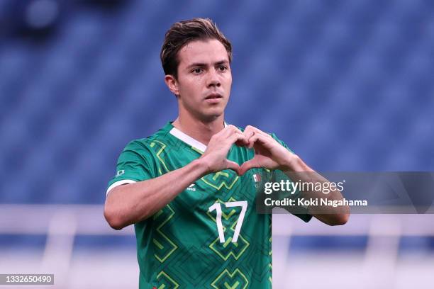 Sebastian Cordova of Team Mexico celebrates after scoring their side's first goal during the Men's Bronze Medal Match between Mexico and Japan on day...