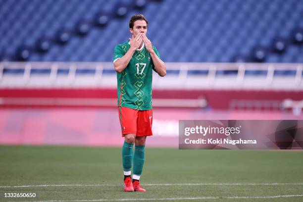 Sebastian Cordova of Team Mexico celebrates after scoring their side's first goal during the Men's Bronze Medal Match between Mexico and Japan on day...