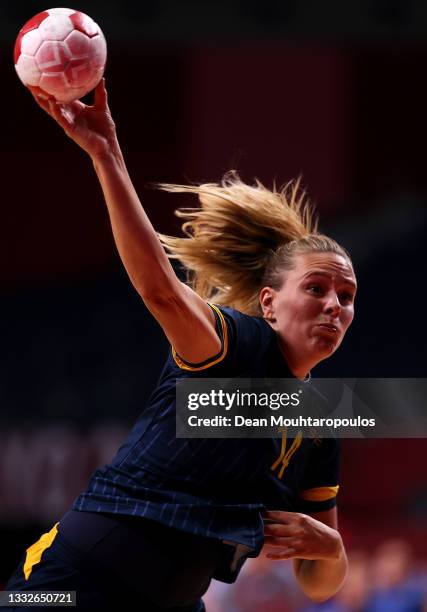 Johanna Westberg of Team Sweden shoots at goal during the Women's Semifinal handball match between France and Sweden on day fourteen of the Tokyo...