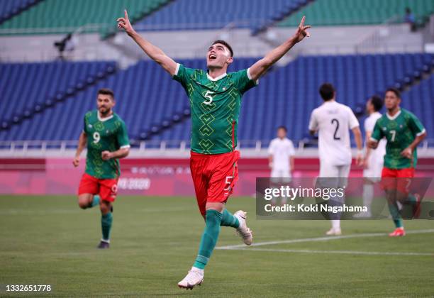 Johan Vasquez of Team Mexico celebrates after scoring their side's second goal during the Men's Bronze Medal Match between Mexico and Japan on day...