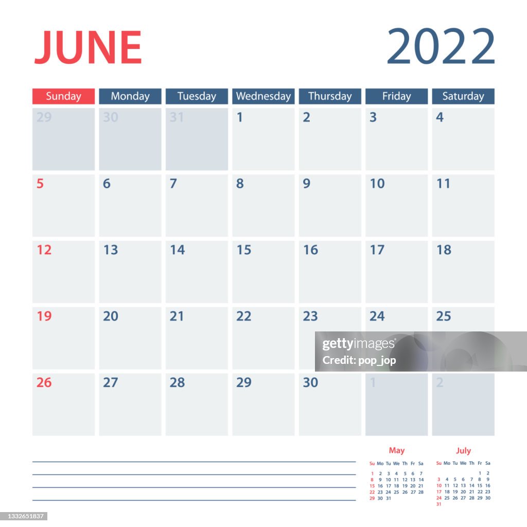 June Next Week 2022 June Calendar Planner Vector Template Week Starts On Sunday High ...