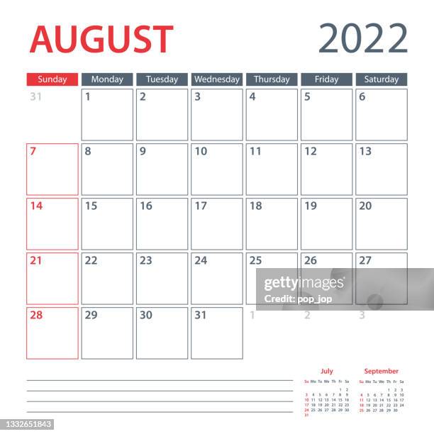 2022 august calendar planner vector template. week starts on sunday - victorias secret casting sightings august or september 2018 stock illustrations