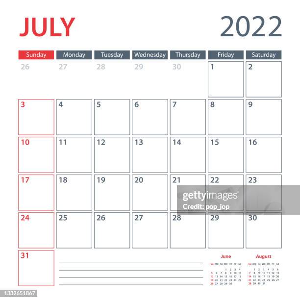 ilustraciones, imágenes clip art, dibujos animados e iconos de stock de plantilla vectorial del planificador del calendario de julio de 2022. la semana comienza el domingo - calendario pared