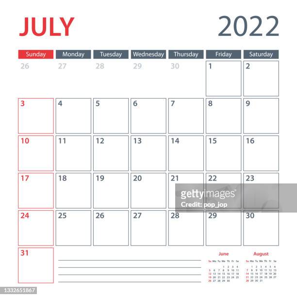 ilustrações, clipart, desenhos animados e ícones de modelo vetorial do planejador de calendário de julho de 2022. semana começa no domingo - julho