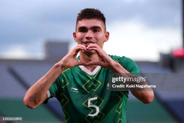 Johan Vasquez of Team Mexico celebrates after scoring their side's second goal during the Men's Bronze Medal Match between Mexico and Japan on day...