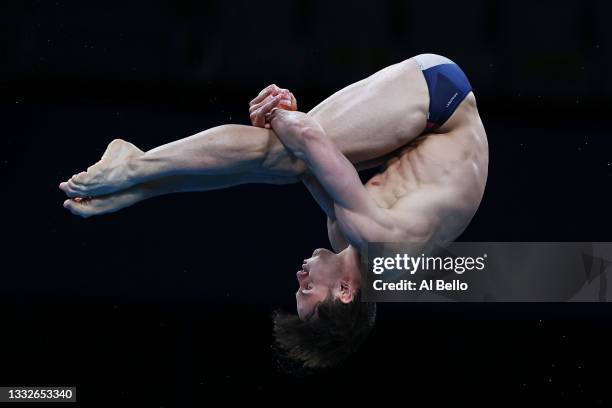 Thomas Daley of Team Great Britain competes in the Men's 10m Platform preliminaries on day fourteen of the Tokyo 2020 Olympic Games at Tokyo Aquatics...