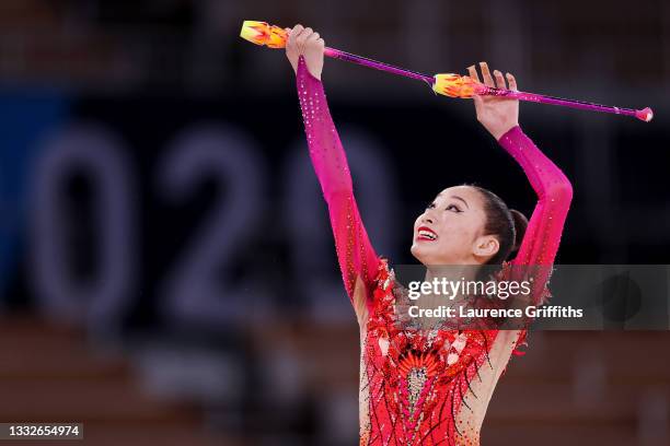 Chisaki Oiwa of Team Japan competes during the Individual All-Around Qualification on day fourteen of the Tokyo 2020 Olympic Games at Ariake...