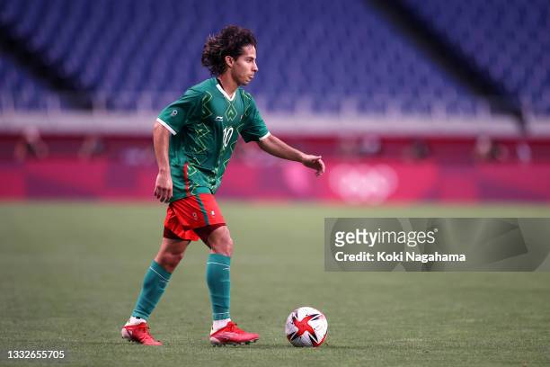 Diego Lainez of Team Mexico runs with the ball during the Men's Bronze Medal Match between Mexico and Japan on day fourteen of the Tokyo 2020 Olympic...
