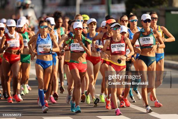 The athletes compete in the Women's 20km Race Walk on day fourteen of the Tokyo 2020 Olympic Games at Sapporo Odori Park on August 06, 2021 in...