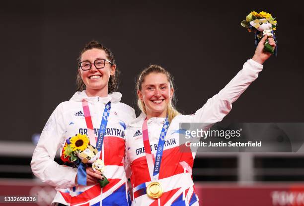 Gold medalists Katie Archibald and Laura Kenny of Team Great Britain, pose on the podium during the medal ceremony after the Women's Madison final of...