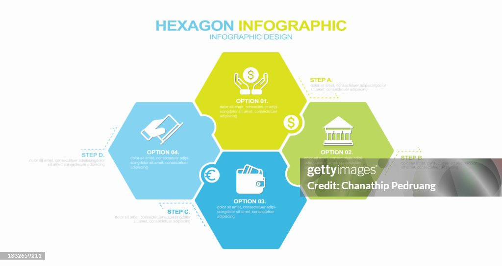 Business-Infografiken. Prozess mit 4 Schritten, Optionen, Sechsecken. Vektorvorlage. Stock Illustration Vier Objekte, Nummer 4, Infografik, Schritte, Teil Von