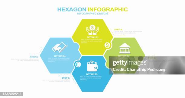 stockillustraties, clipart, cartoons en iconen met business infographics. process with 4 steps, options, hexagons. vector template. stock illustration four objects, number 4, infographic, steps, part of - infographic