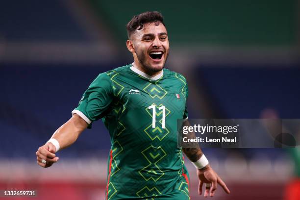 Alexis Vega of Team Mexico celebrates after scoring their side's third goal during the Men's Bronze Medal Match between Mexico and Japan on day...