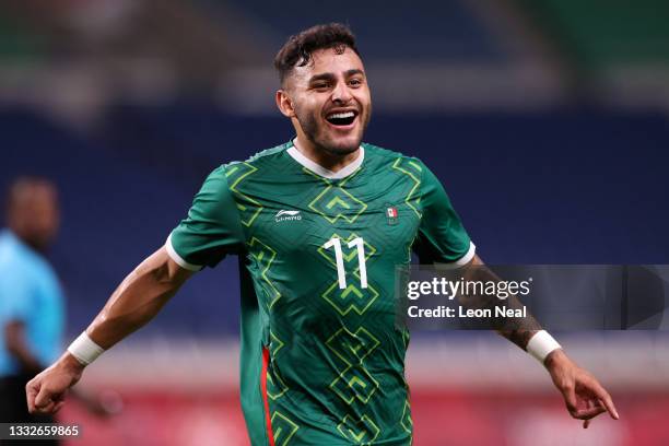 Alexis Vega of Team Mexico celebrates after scoring their side's third goal during the Men's Bronze Medal Match between Mexico and Japan on day...