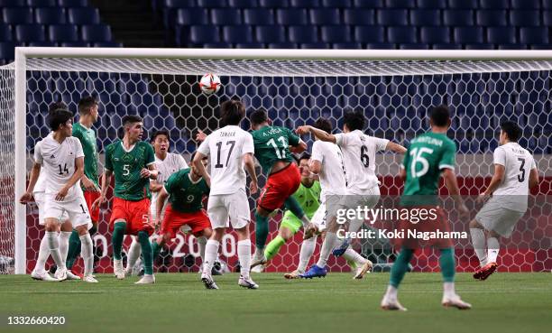 Alexis Vega of Team Mexico scores their side's third goal during the Men's Bronze Medal Match between Mexico and Japan on day fourteen of the Tokyo...